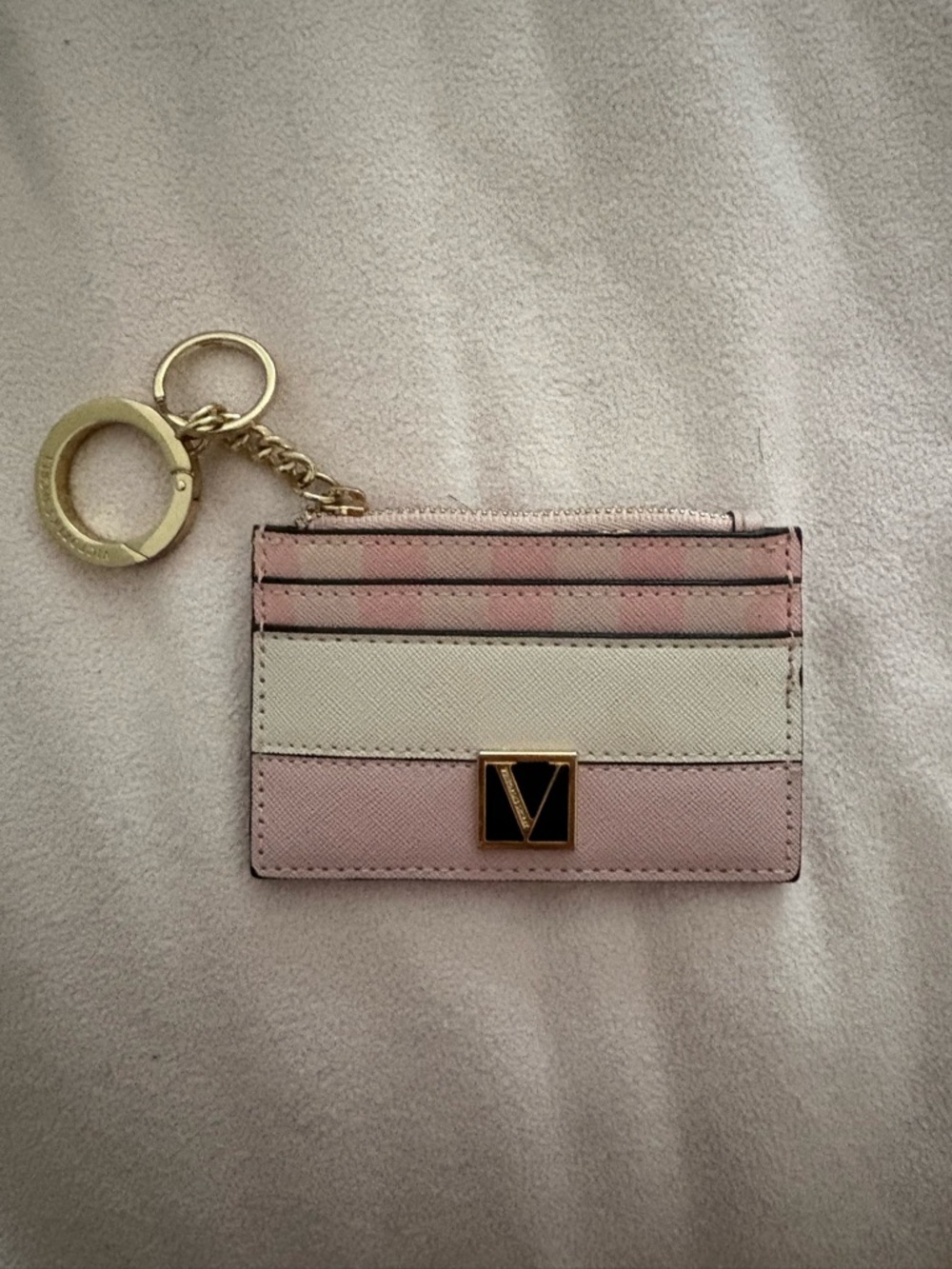 Victoria's Secret Pink and Cream Striped Card Holder Keychain